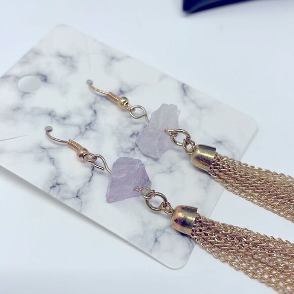 Amethyst Crystal Gold Chain Fringe Earrings - Picture 7 of 7